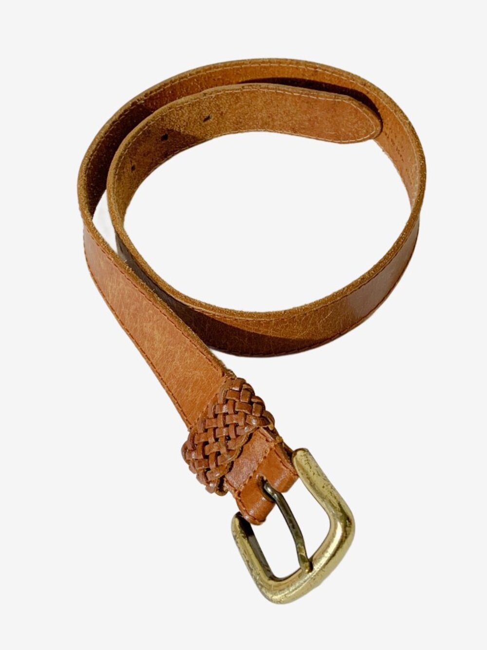 Vintage brown leather belt with braided belt loop / size Small